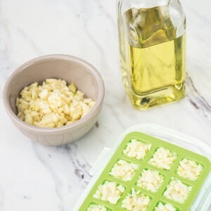 Garlic and olive oil in an icecube tray.